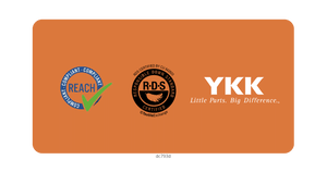 Compliant reach icon, responible down standard icon, YKK icon on orange background 